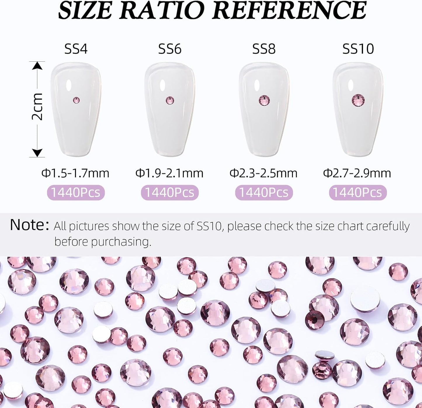 Light Amethyst Flatback Rhinestones, Glass Rhinestones for Nail Art and Craft, Glue Fix, Loose Crystal Gemstones(Lt.Amethyst, SS8, 1440pcs, 2.3-2.5mm)