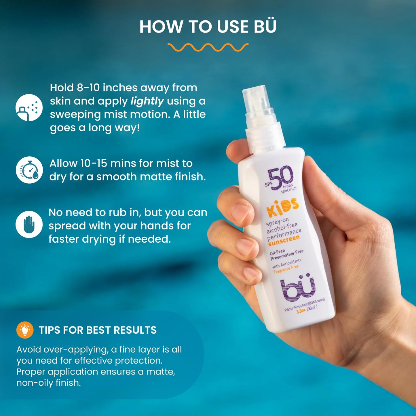 BU SPF 50 Fragrance Free Kids Sunscreen Spray for Face and Body, TSA Travel Size Sunscreen, Clear Non Aeorsol Spray, Non Greasy, Water Resistant and Oil Free, 3.3 oz and 1 oz (2-Piece Bundle)