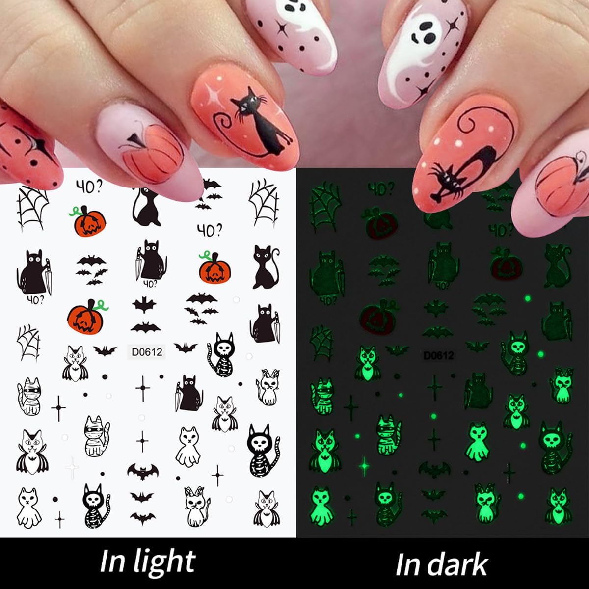 12 Sheets Halloween Nail Art Stickers Glow in The Dark Pumpkin Nail Decals Fluorescent Ghost Nail Stickers Self Adhesive Skull Nail Art Supplies for Women Girls DIY Manicure Nail Art Decorations
