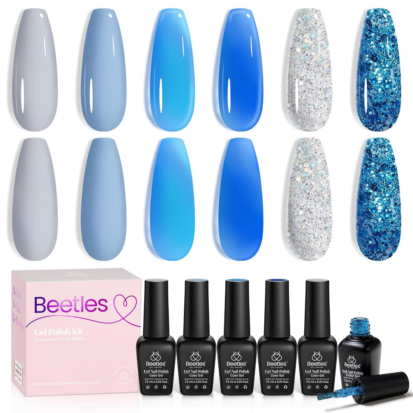 Beetles Blue Gel Polish, 6 Colors Jelly Blue Gel Polish Sliver Glitter Nude Gray Translucent Nail Polish Chasing Breeze Jelly Gel Nail Art Design Soak off Nails Manicure for Girls Women