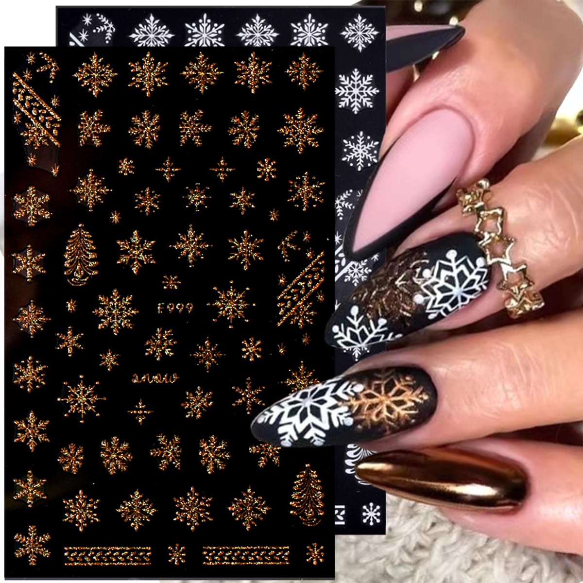 8 Sheets Gold Snowflakes Nail Art Stickers 3D Self-Adhesive Christmas Stickers Winter Nail Decals White Gold Designs Elk Snowflake Nail Supplies Holiday Nail Sticker for Nail Art DIY Christmas Nails