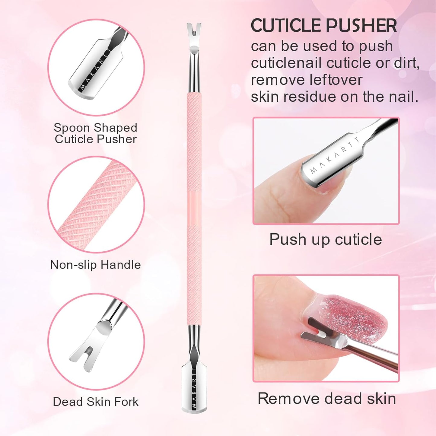 Makartt Cuticle Pushers, 2Pcs Stainless Steel Dual Ended Cuticle Remover with Spoon Pusher, Cutter, Scraper & Dead Skin Fork, Pink Manicure Pedicure Nail Care Kit