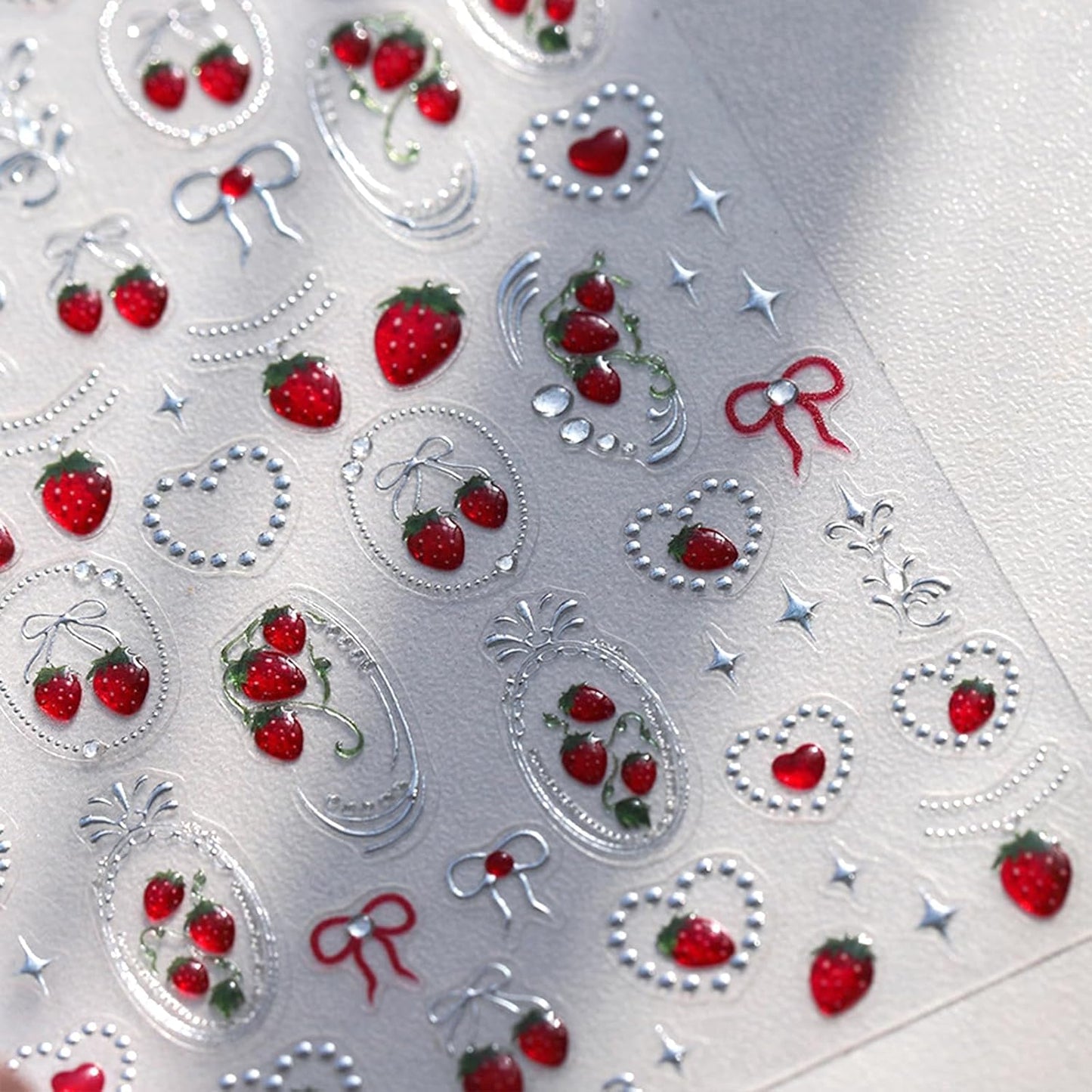 1Sheet Cherry Nail Stickers Summer Nail Decals 5D Embossed Bow Cherry Hot Stamped Gold Bow Heart Shape Star Jelly Design Summer Nails Supplies Pearl Chain Exquisite Nail Decor for Women DIY Manicure