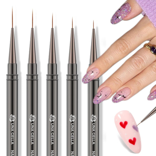 UNA GELLA Nail Art Brushes Metallic, Liner Pens 5Pcs Set For Nail Art Gel Polish, Gray Color, Detail Nail Art Design Painting Brush Set For Nails Gel Fine Drawing Nail Tools, 6/9/11/15/18mm Sizes