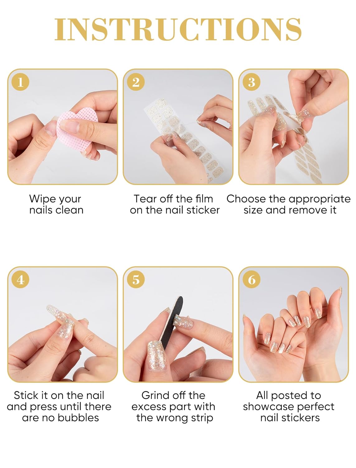 UV-Free Self-Adhesive Nail Art Design Stickers with Nail Files, 48 Pcs Stick on Semi Cured Gel Nail Polish Strips Wraps for Women (Gold)(Gold)