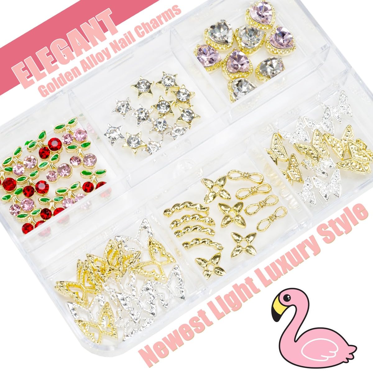56 Pcs Cute Charms for Nails Cherry Butterfly Heart Star Kawaii Crystals Pink Red Rhinestones Gems Golden Silver 3D Alloy Studs Nail Art Charms for Acrylic Nails Crafts Tumblers Bottles Shoes