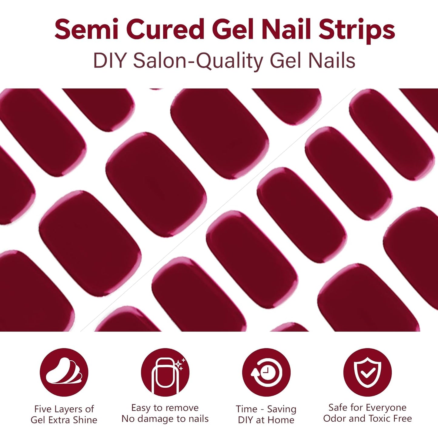 Semi Cured Gel Nail Strips-Glamorous Semi Gel Nail Stickers Natural Nude Shades Press On Nails Easy Home Application Works with Any UV/LED Lamps Glossy Finish(Rouge)