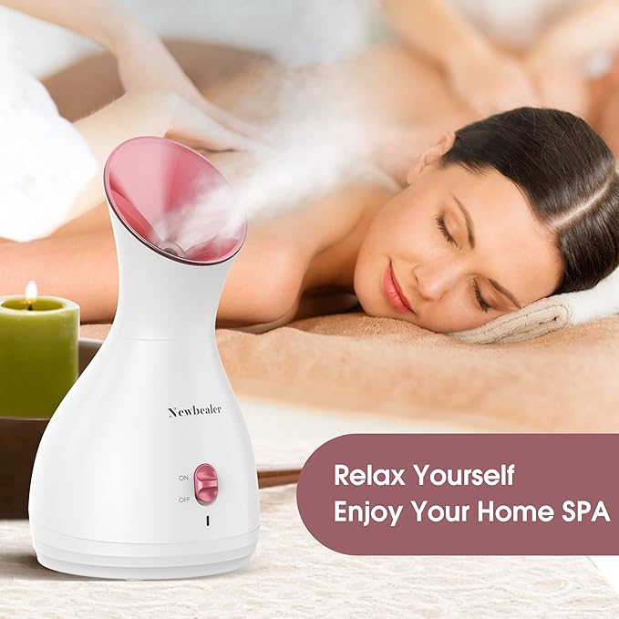 Newbealer 2in1 Facial Steamer, Hot Mist Facial Aromatherapy Humidifier Atomizer, Large Face Steamer Unclogs Pores Sinuses Moisturizing, Home Sauna Spa with Eyebrow Set (Red, 170ml)