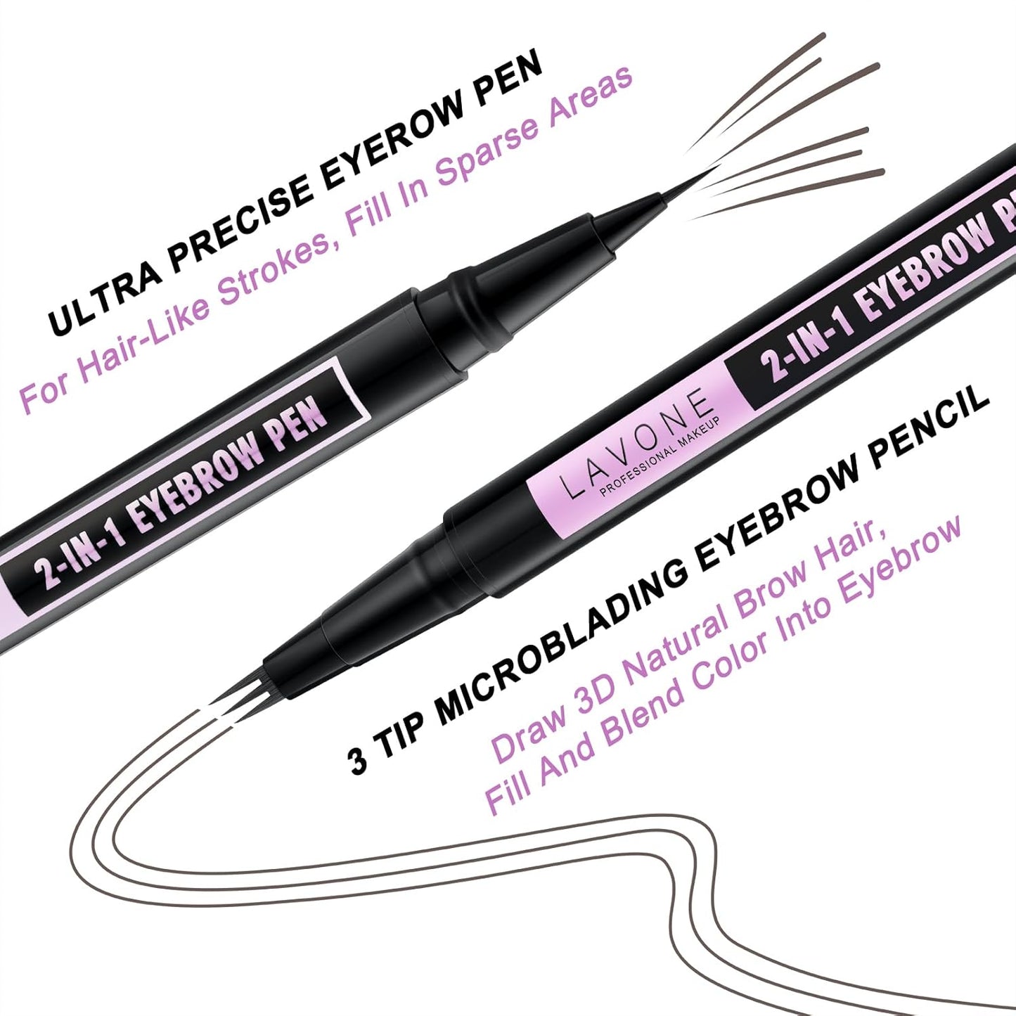 LAVONE Eyebrow Pencil, 2-In-1 Waterproof Eyebrow Pen, with 3 Tip Microblading Eyebrow Pen and Ultra-Precise Brow Pencil, Dual-ended Eyebrow Brush, for Eyebrow Makeup - Black Brown