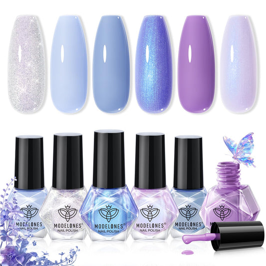 modelones Nail Polish Set, 6 Colors 2025 Baby Blue Purple Nail Polish Set Shimmer Glitter Sliver Fast Drying Mini Nail Lacquer Kit Finger Manicure DIY Nail Art Home Salon Gift for Women Girl