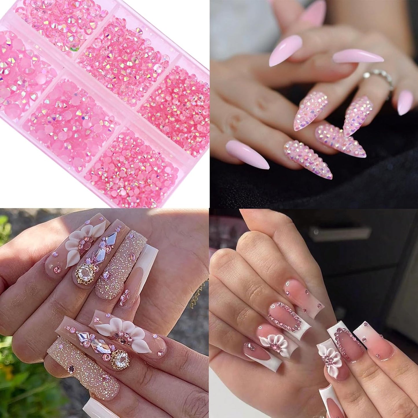 3 Boxes Nail Art Rhinestones Pink Nail Charms 2mm-4mm Resin Clear Jelly Rhinestones Pearls Glitters Nail Art Supplies Crystal Gems Bubble Beads Nail Accessories for Women Nail Decorations Design.