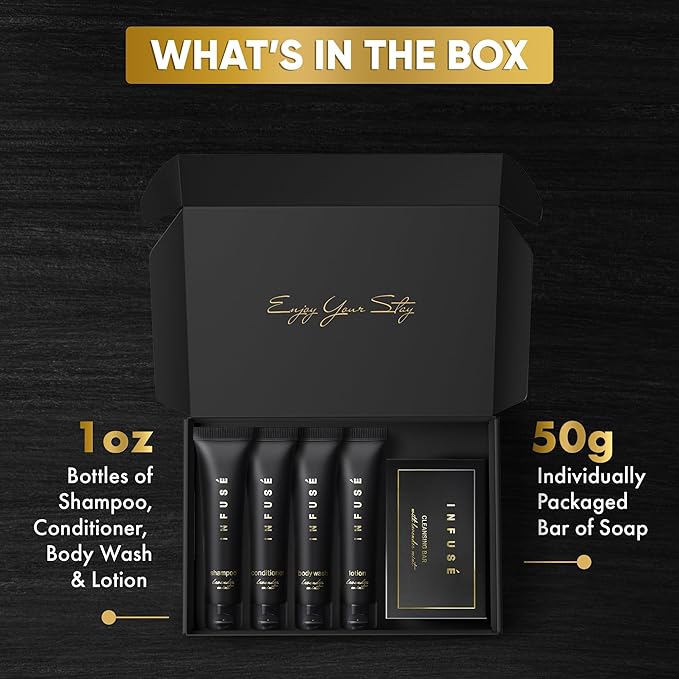Infuse Black Amenity Kit | Boxed Hotel Toiletries | Bulk Set 1 oz Travel Size Shampoo, Conditioner, Lotion, Body Wash & Cleansing Bar for Guest Hospitality AirBnB/Vacation Rentals | 1 set per case