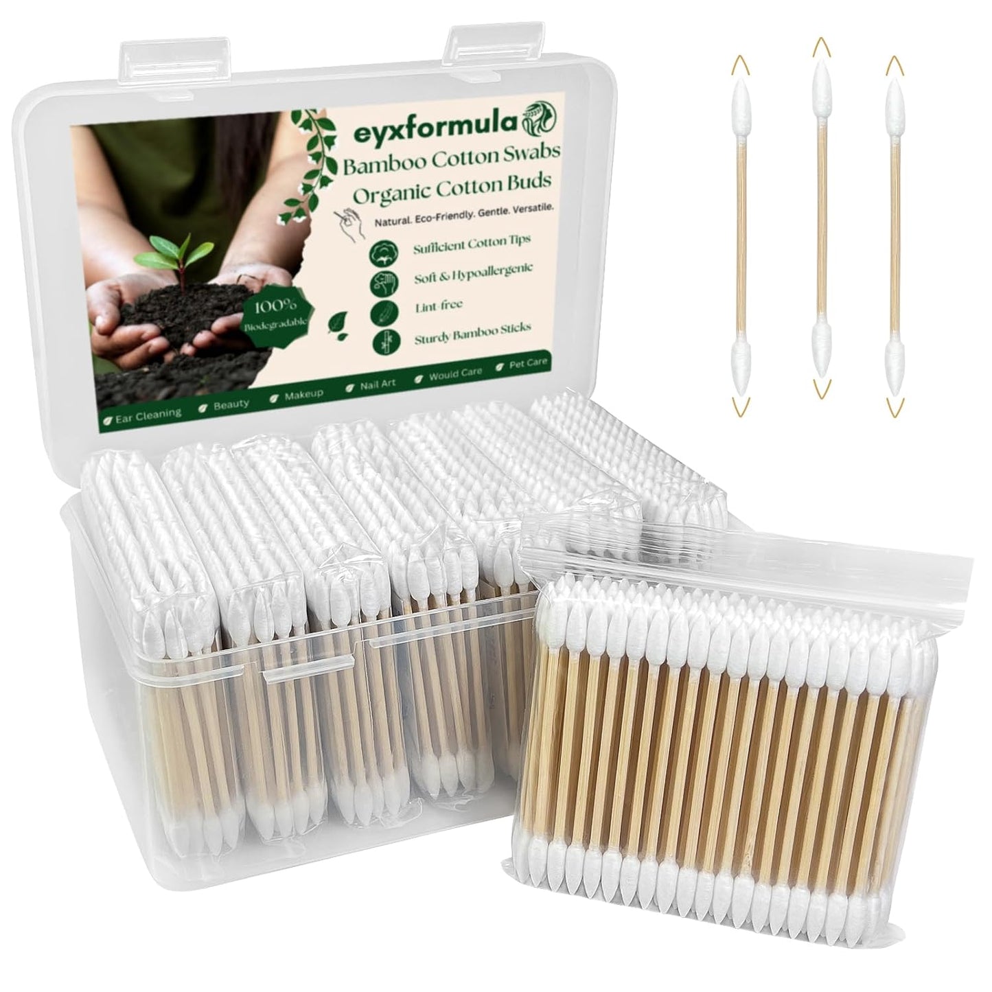 eyxformula 800 Count Pointed Cotton Swabs - Double Precision Tip Cotton Swabs for Flawless Eye & Lip Makeup, Nails, Detailing - Lint-Free Pointy Makeup Swab with Sturdy Bamboo Sticks in Storage Case
