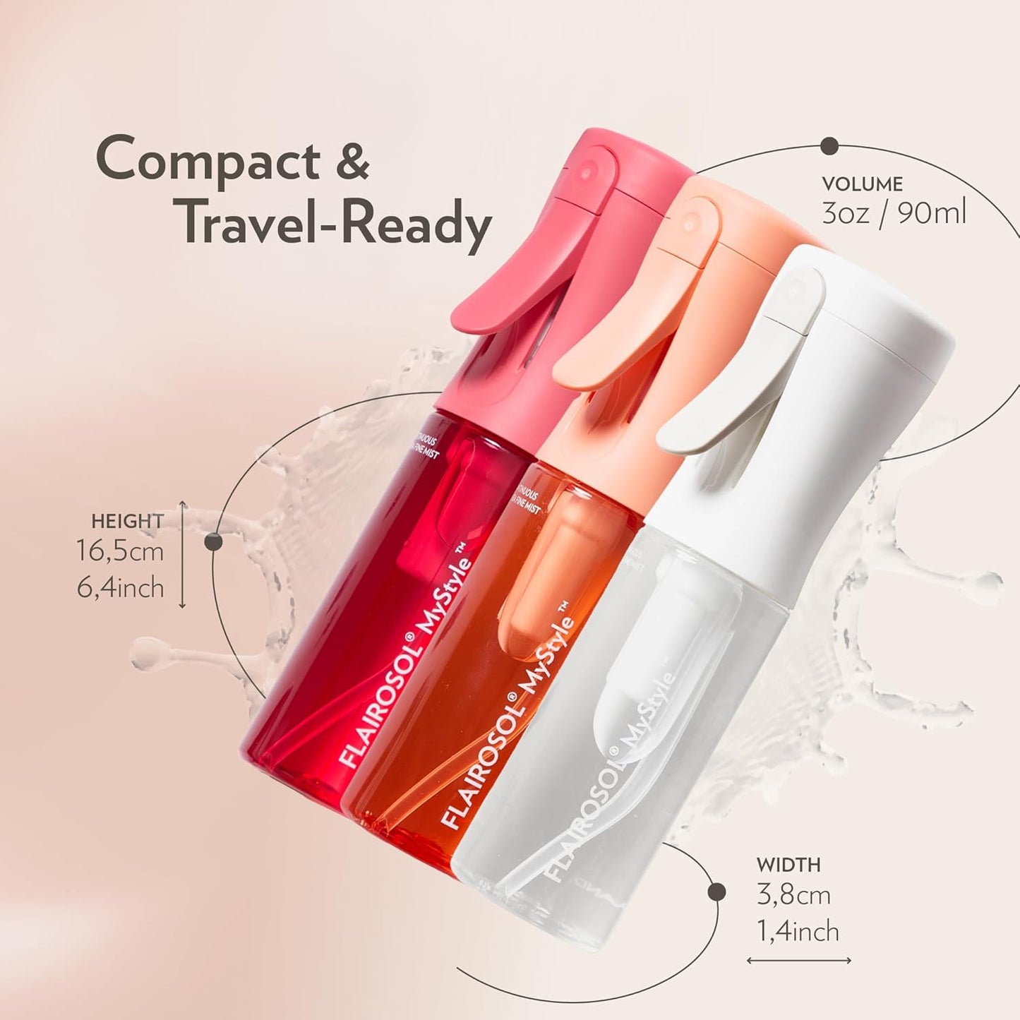 FLAIROSOL MyStyle, Spray Bottle for Hair- 3 Pack Small Travel Spray Bottle, Ultra Fine Continuous Water Mist for Face, Hairstyling, Salon, Cleaning, Beauty, Toners, Hydration & Makeup, 3.04oz / 90ml