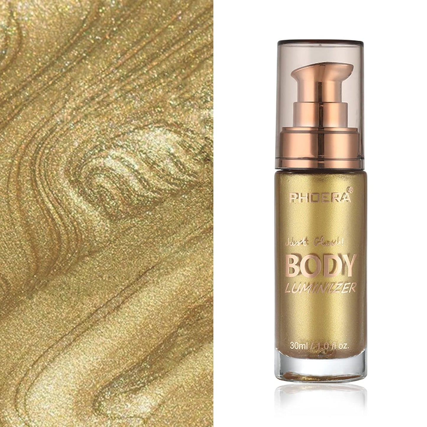Body Shimmer Oil, Metallic Gold Natural Glow Luminizer, Long Lasting Waterproof Moisturizing Liquid Illuminator Highlighter Makeup for a Sun-Kissed Glow, Brush Include, 1oz, Light