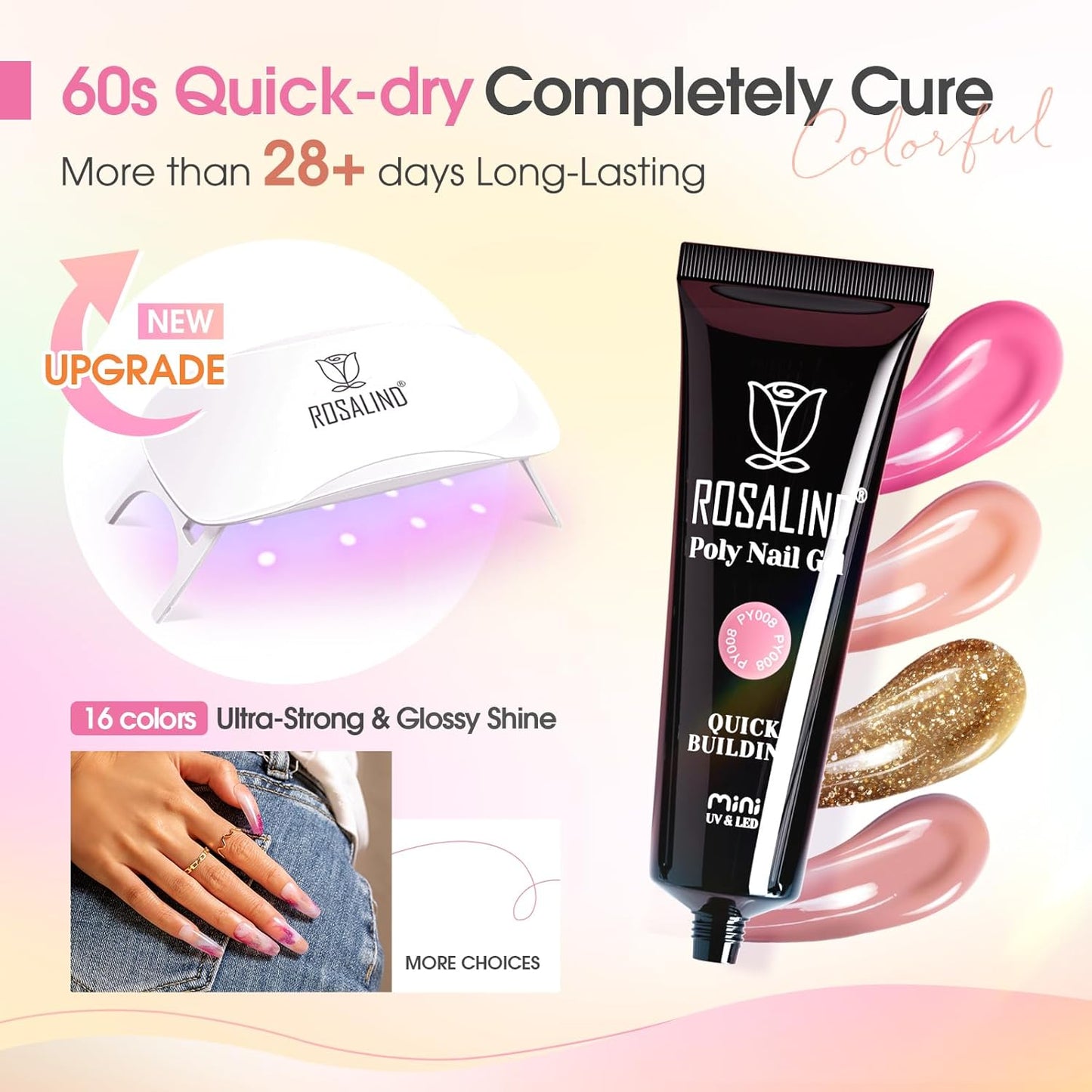 ROSALIND Poly Nail Gel Kit -16 Colors + Nude Glitter Nail Art Accessories kit Clear Nude Poly Nails Gel Kit Starter Kit With Slip Solution Nude Pink Nail Extensions Gel Set with Mini UV Lamp