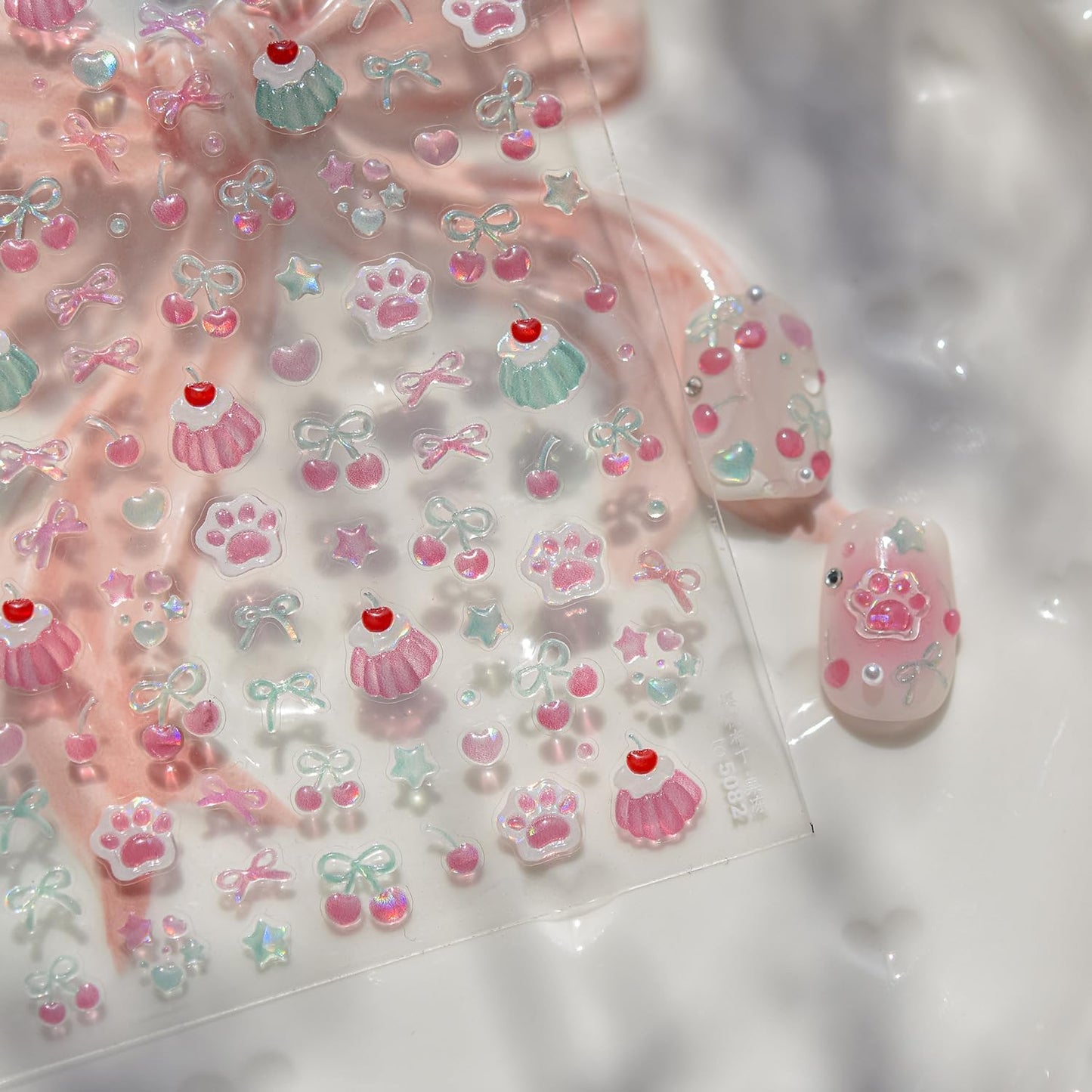 5D Embossed Cake Nail Sticker for Nails Art Pink Nail Decals Cherry Bow Nail Art Stickers Cute Nails Decal Self Adhesive Manicure Supplies Decoration for Women Girls Kid
