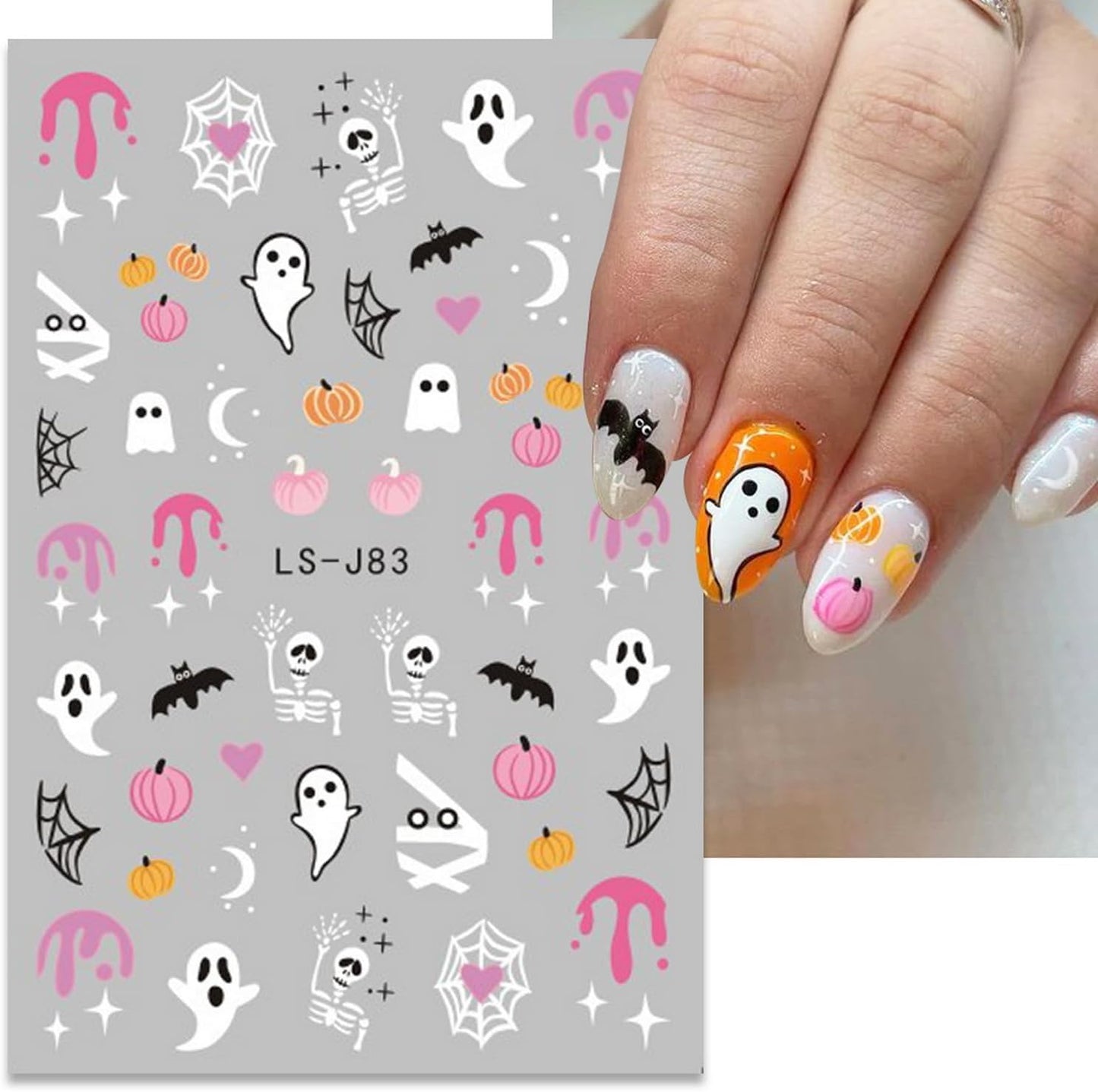 Halloween Nail Art Stickers Decals 6 Sheets Fall Scary Ghost Skull Fire Nail Decoration 3D Self-Adhesive Cute Pumpkin The Day of Dead Spider Web Acrylic Nail Supplies for Women Girls