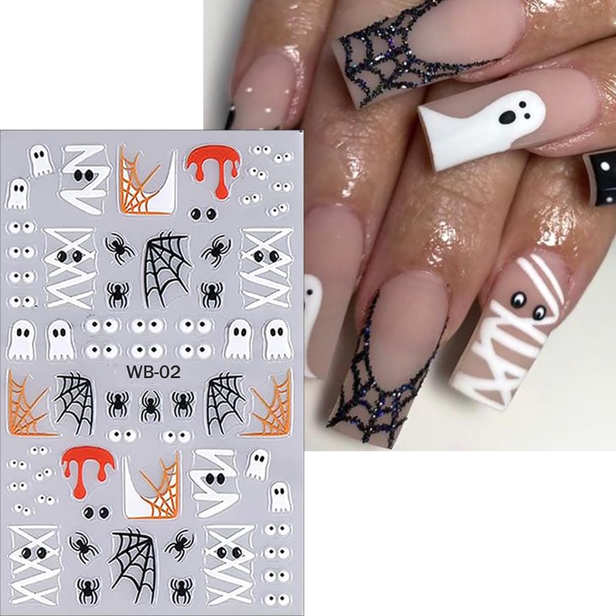 6 Sheets Halloween Cute Ghost Nail Stickers for Nail Art 3D Self-Adhesive Glitter Pumpkin Spider Web French Nail Art Decals Black White Halloween Starlight Nail Decals for Women DIY Manicure Art Kit