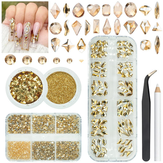 4 Boxes Champagne Gold Rhinestones and Glitters 24 Shapes K9 Glass Golden Gems Flatback Round Stones Diamonds Crystals Nail Art Charms Supplies for Nails Face Eyes Makeup Crafts Clothes Shoes
