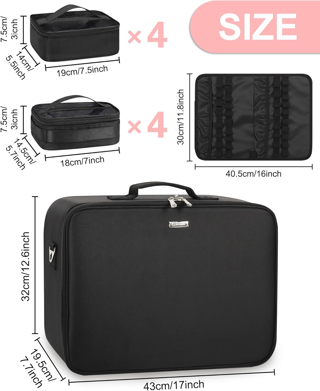 Relavel Extra Large Makeup Case Professional Cosmetic Storage Organizer Box Brush Holder with 8 Clear Set Bags & Lipstick Plate for Makeup Artists with Shoulder Strap & Adjustable Dividers