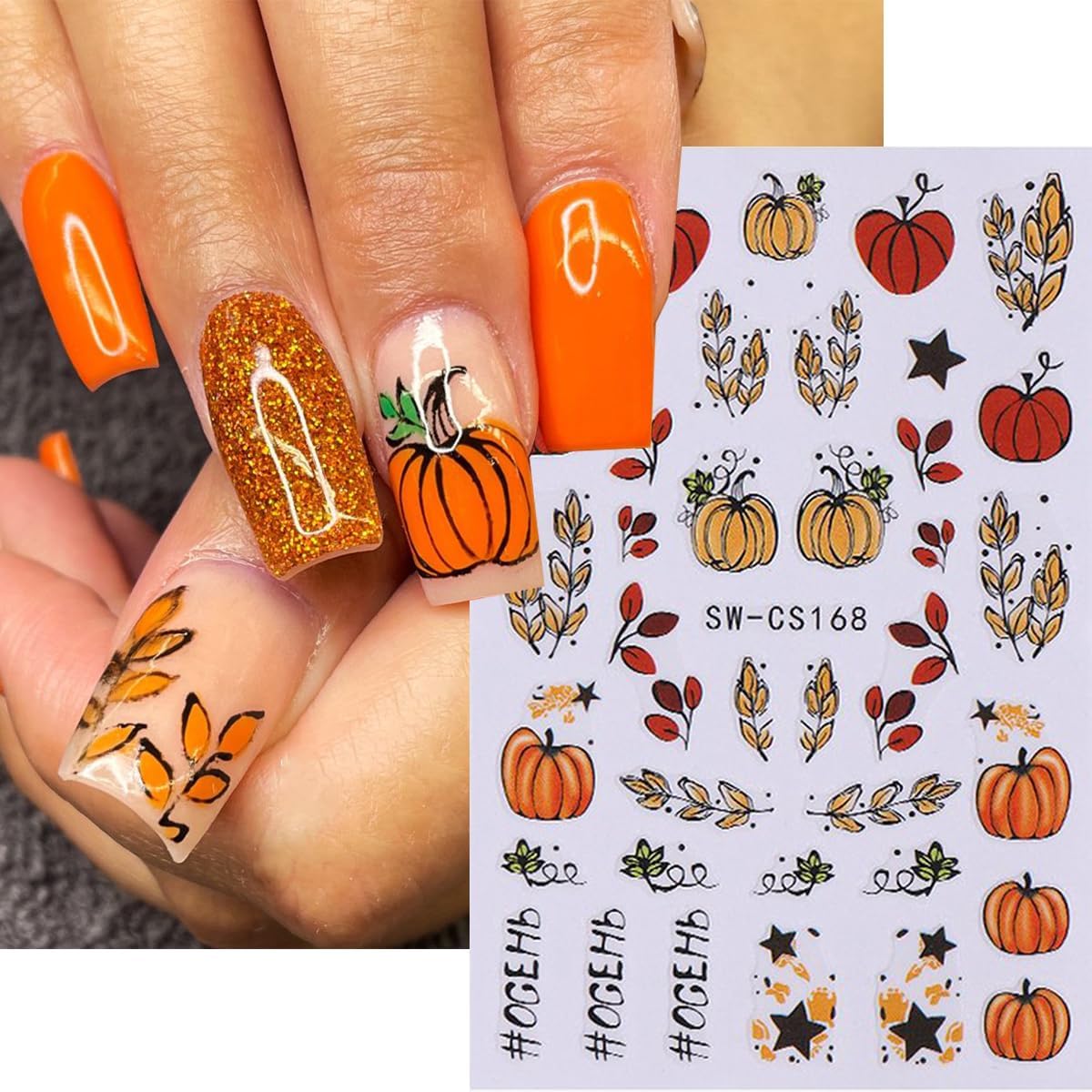 Pumpkin Nail Stickers Fall Nail Decals 3D Self Adhesive Nail Art Stickers Orange Flower Fallen Leaves Sunflower Star Design Thanksgiving Sticker for Nails Decor Manicure Supplies for Women 8 Sheet