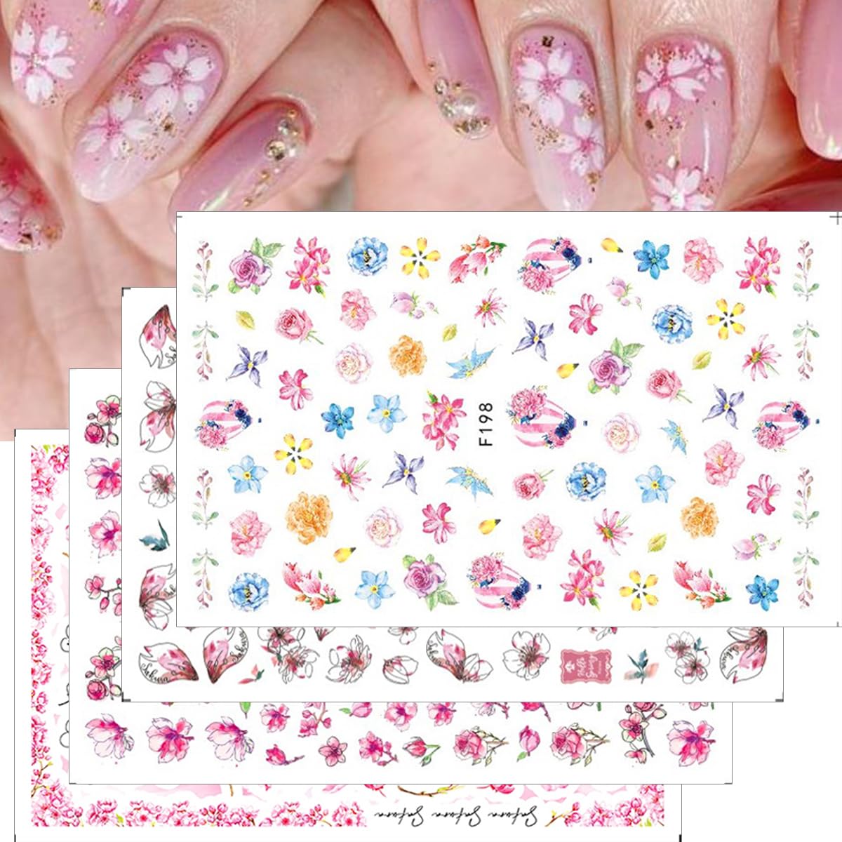 Flower Nail Art Stickers Decal 8 Sheets Pink Cherry Blossoms Nail Stickers 3D Self Adhesive Beautiful Petals Leaf Nail Art Design Supplies for Acrylic Nail Women Girls Manicure DIY Supplies