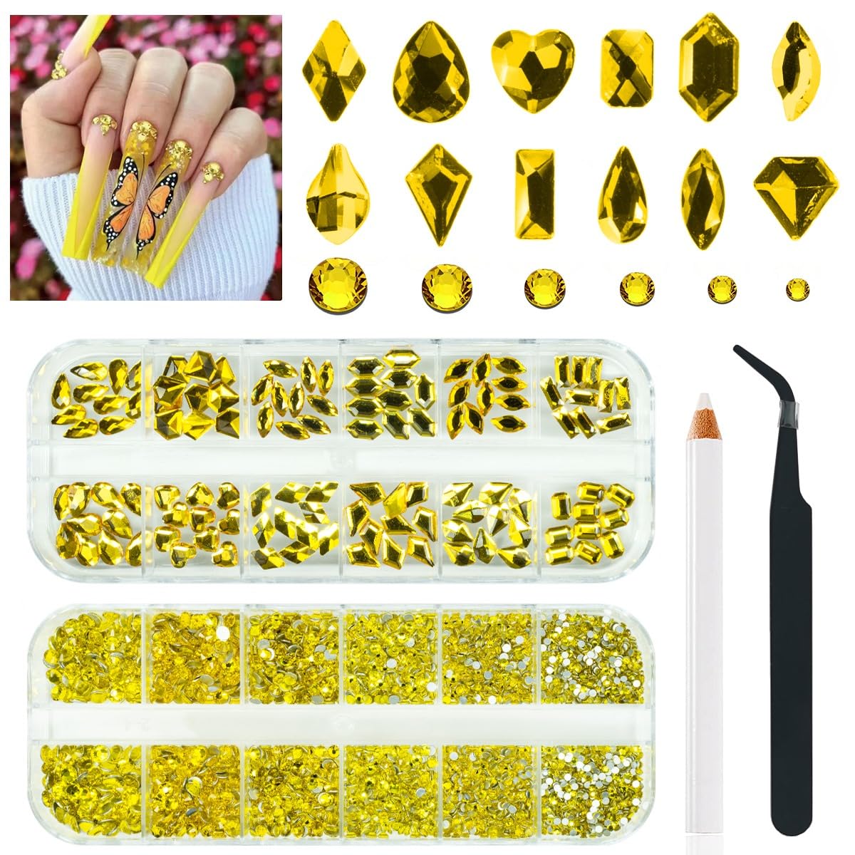 2630Pcs Golden Yellow Nail Rhinestones 120 Multi Shapes Crystal Flatback Gems +2510 Round Beads Glass Stones Diamonds Jewels w Tweezer & Wax Pen for DIY Face Eye Mackup Clothes Shoes