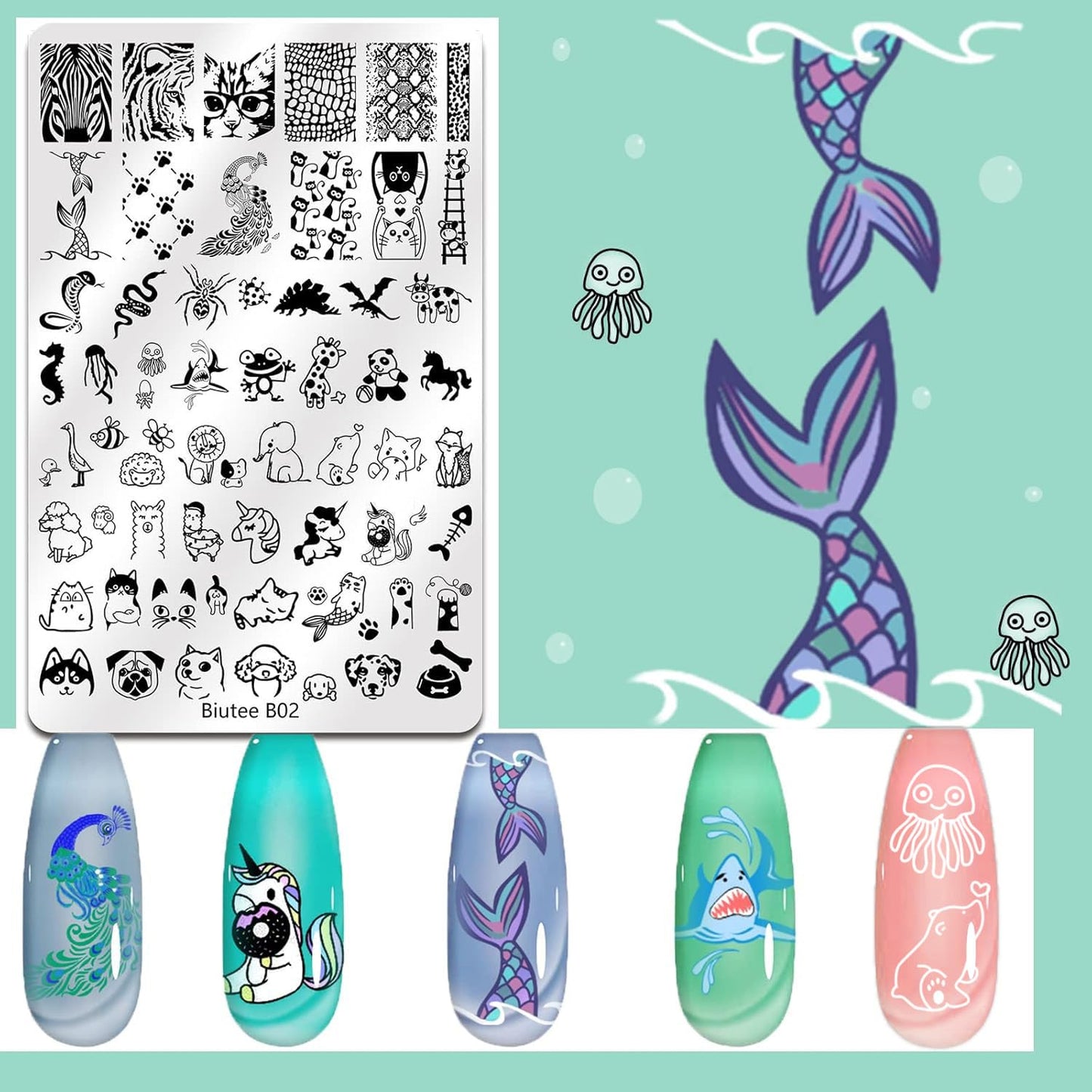 Biutee Nail Art Stamping Plate Nail Stamper Kit with Stamper & Scraper, Large Nail Stamp Plate French Line Lace Flower Leaves Animal Star Space Design DIY Nail Stamping Kit