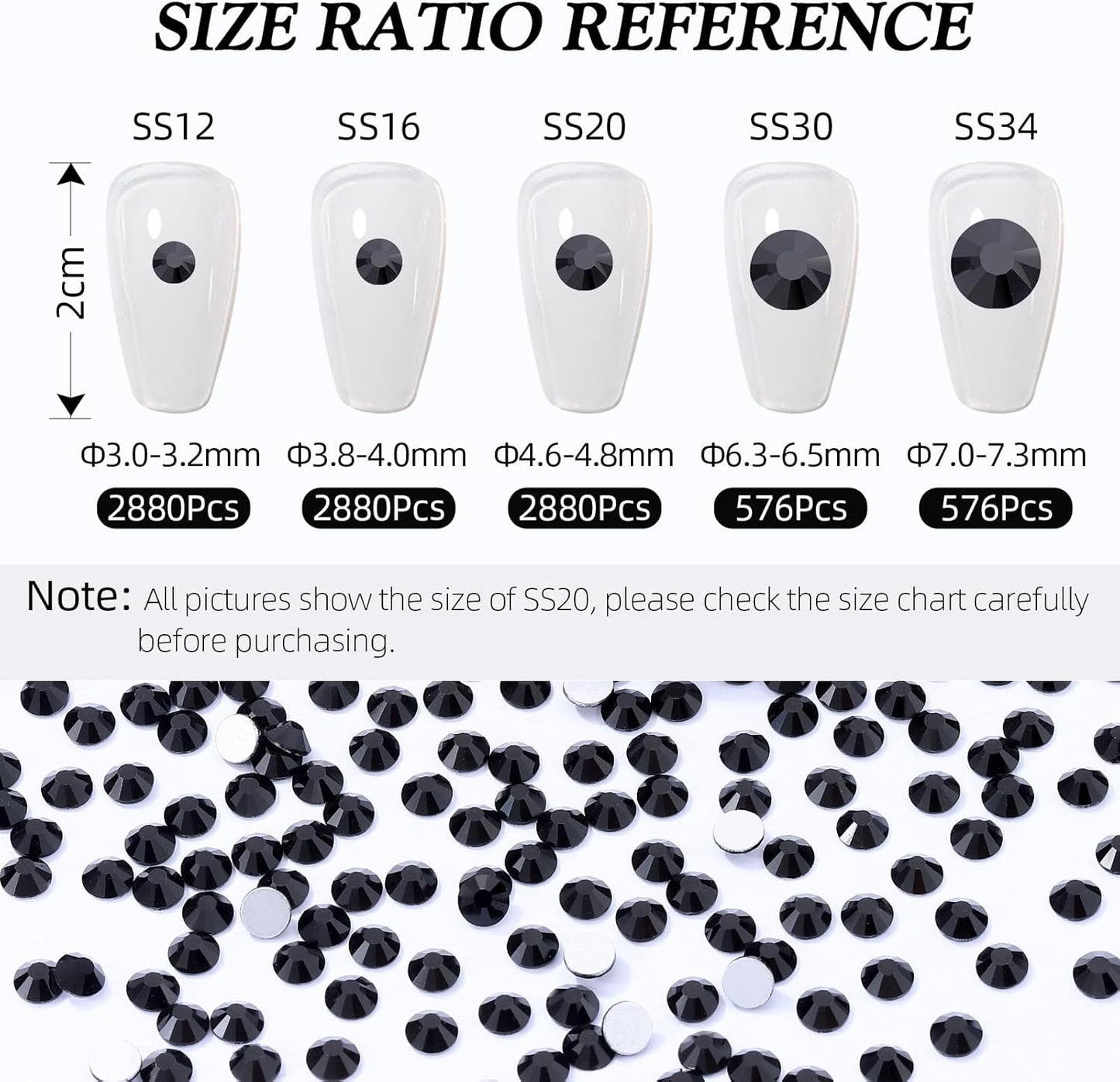 Black Flatback Rhinestones, Glass Rhinestones for Nail Art and Craft, Glue Fix, Loose Crystal Gemstones(Black, SS30, 576pcs, 6.4-6.6mm)