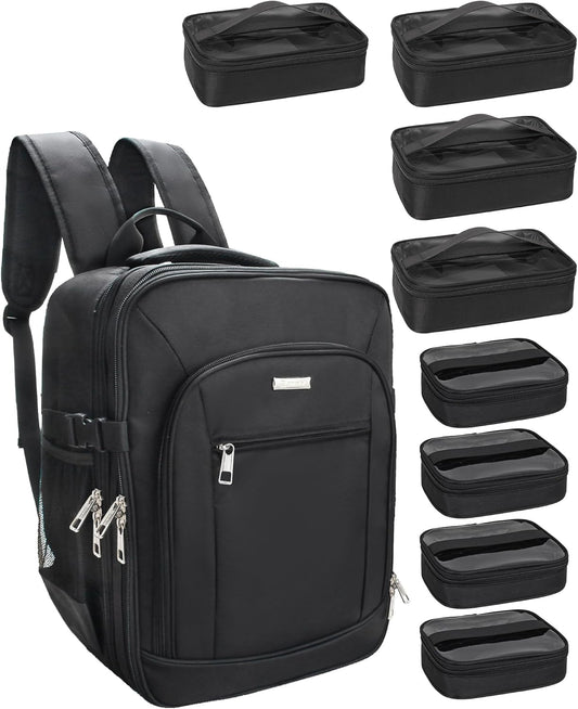 Makeup Backpack Professional Cosmetic Artist Bag Extra Large Travel Train Case Storage Organizer Double-Layer Cosmetic Case with 8 Pouch &Adjustable Divider (Black)