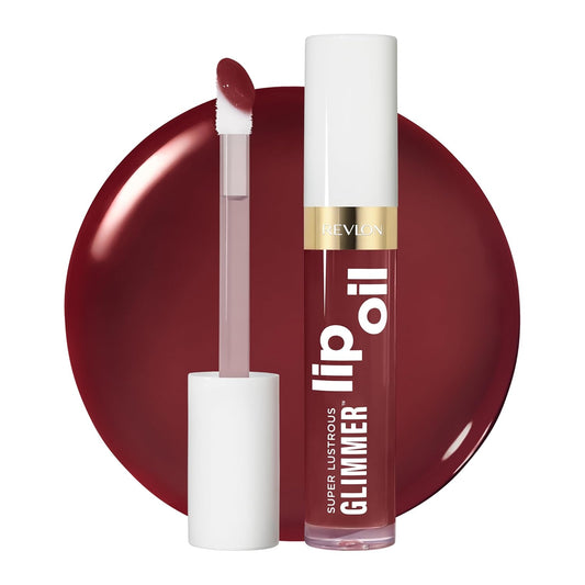 REVLON Super Lustrous Glimmer Lip Oil, Moisturizing & Tinted, Shiny Finish, Made with Plant-Based Squalane, 010 Wined Down, 0.13 fl oz