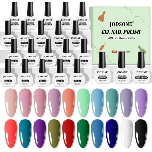 JODSONE Gel Nail Polish 20 Color Blue Red Matching Base Coat Glossy and Matte Top Coat 23 Bottles of 10ml Professional Nail Care Use