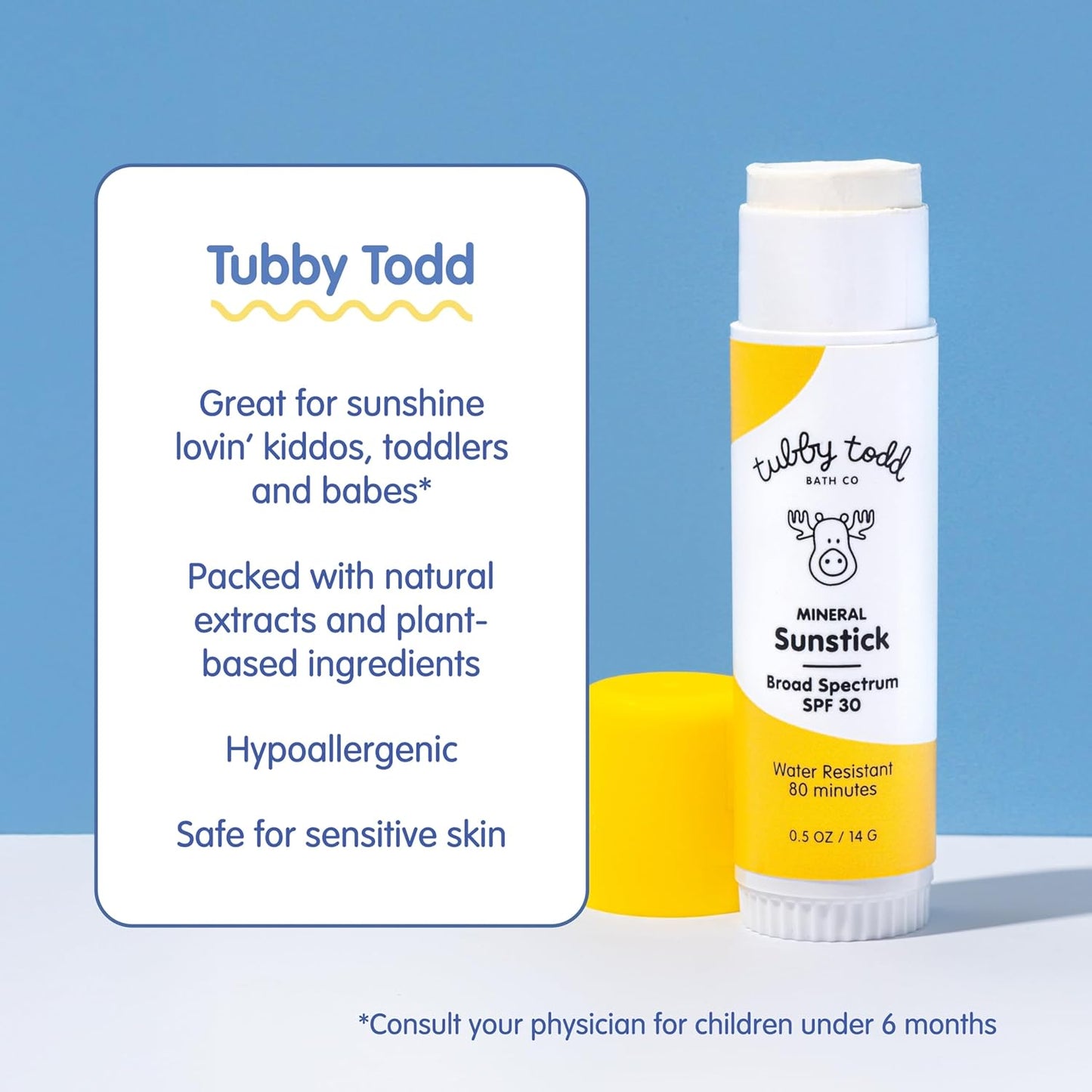 TUBBY TODD Mineral Sunstick - Broad Spectrum SPF 30 Sunscreen for Kids - Water-Resistant Stick Sunscreen for Body & Face - Safe for Sensitive Skin - 2 Pack, 0.5 oz