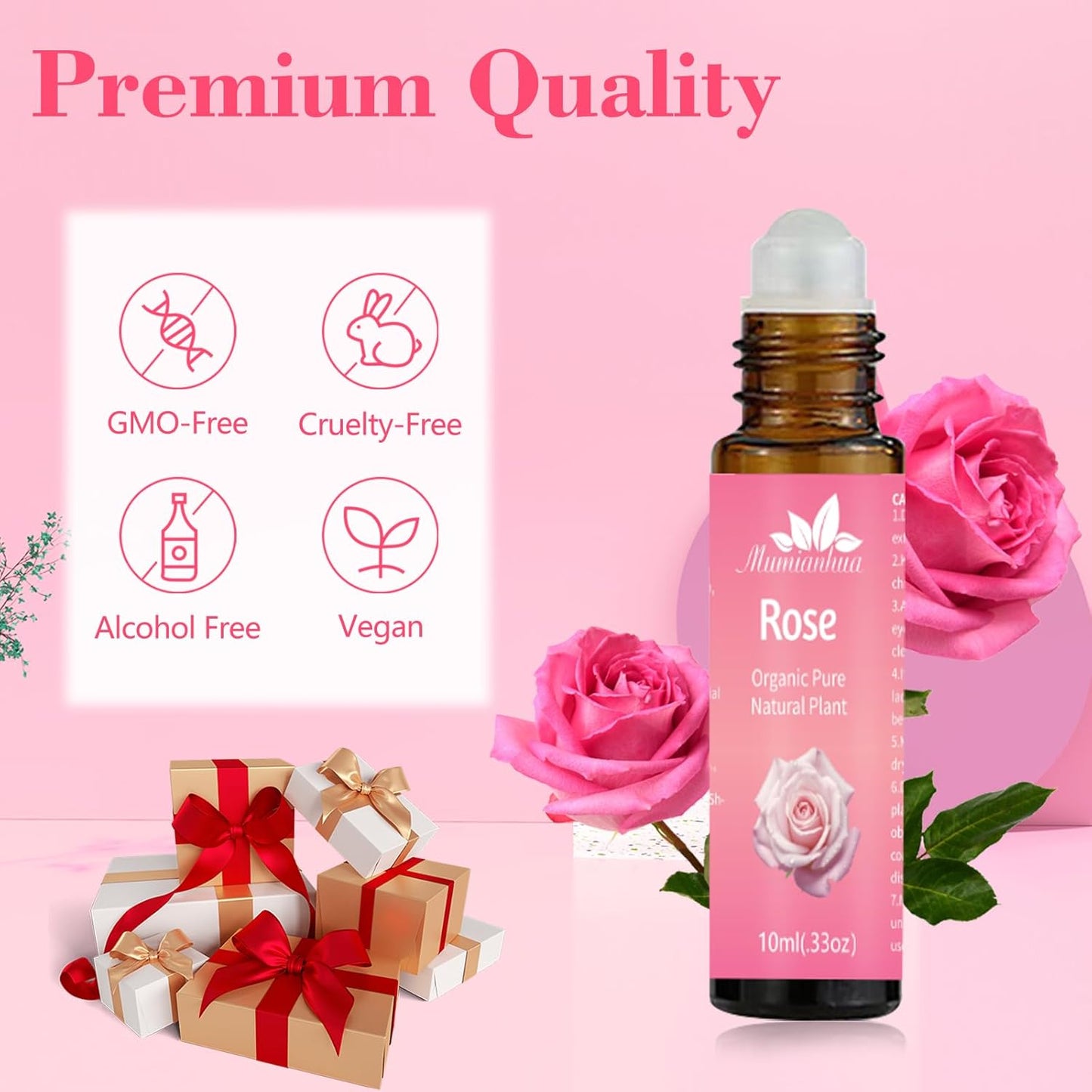 Rose Essential Oil Roll On, Mumianhua Diluted Rose Oil Touch Essential Oil, Aromatherapy Roller Oil for Skin, Body, Hair, Women,Men,Relaxation, Mood Balance, Massage 0.33 Fl Oz