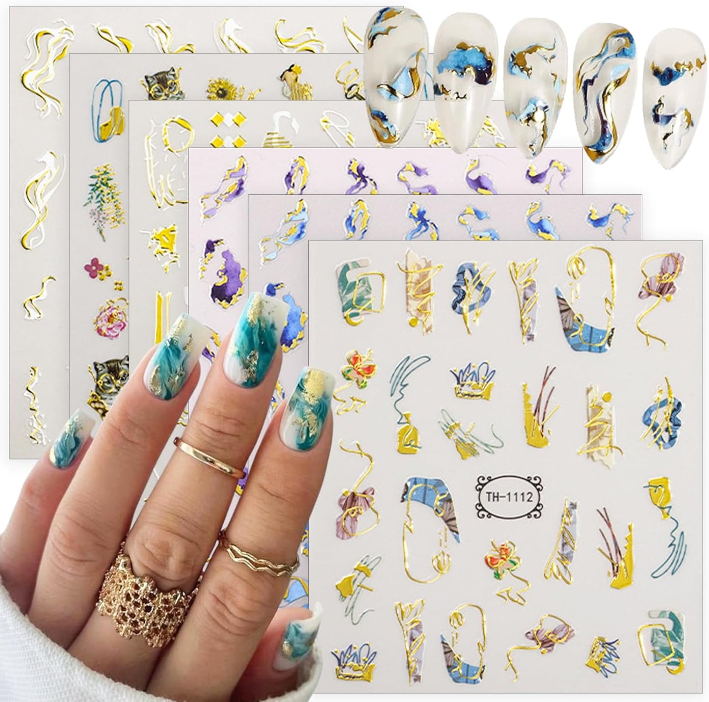 6 Sheets Marble Nail Stickers French Nail Art Stickers Decals 3D Self-Adhesive Design Bronzing Gold Nail Decals Blue Purple Brown Geometric Lines Abstract Nails Tip Decoration for Women Girls