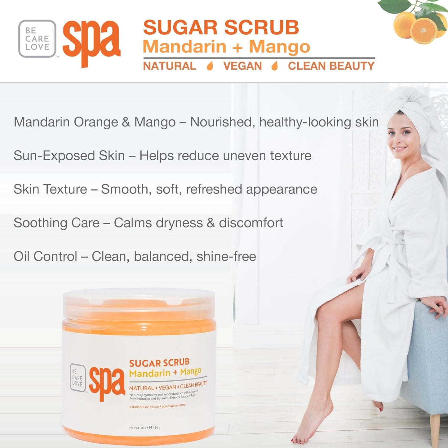 Be Care Love Spa Sugar Scrub Mandarin + Mango, natural, vegan and clean beauty 16 Oz Made in USA