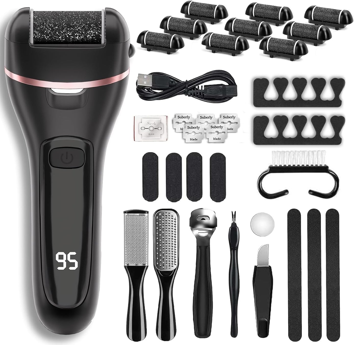 Electric Callus Remover for Feet with 9 Roller Heads 2 Speed Rechargeable Waterproof Professional Pedicure Kit 30 in 1 Foot File Tools Perfect for Dead Hard Cracked Dry Skin