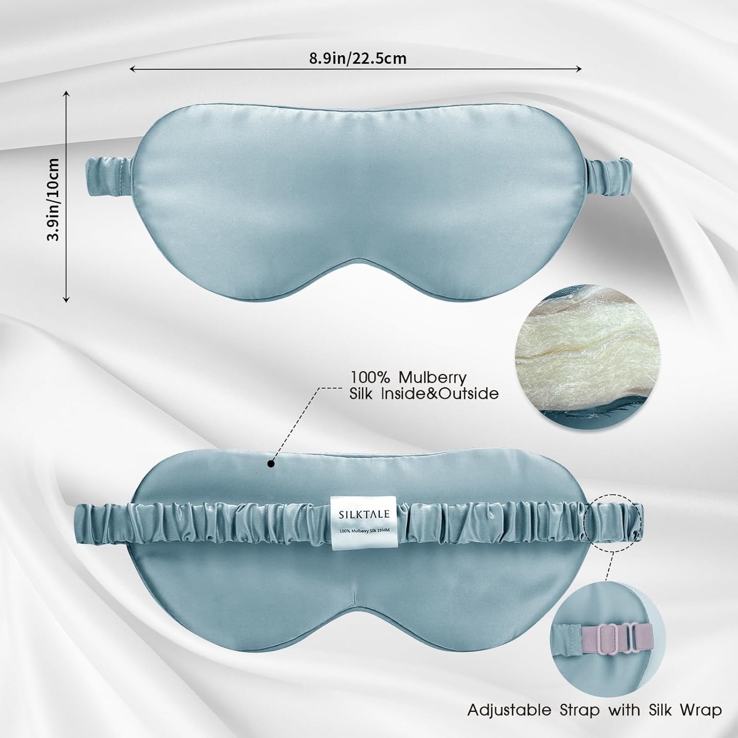Mulberry Silk Blackout Adjustable Sleep Eye Mask for Men/Women Travel Plane,Pale Blue