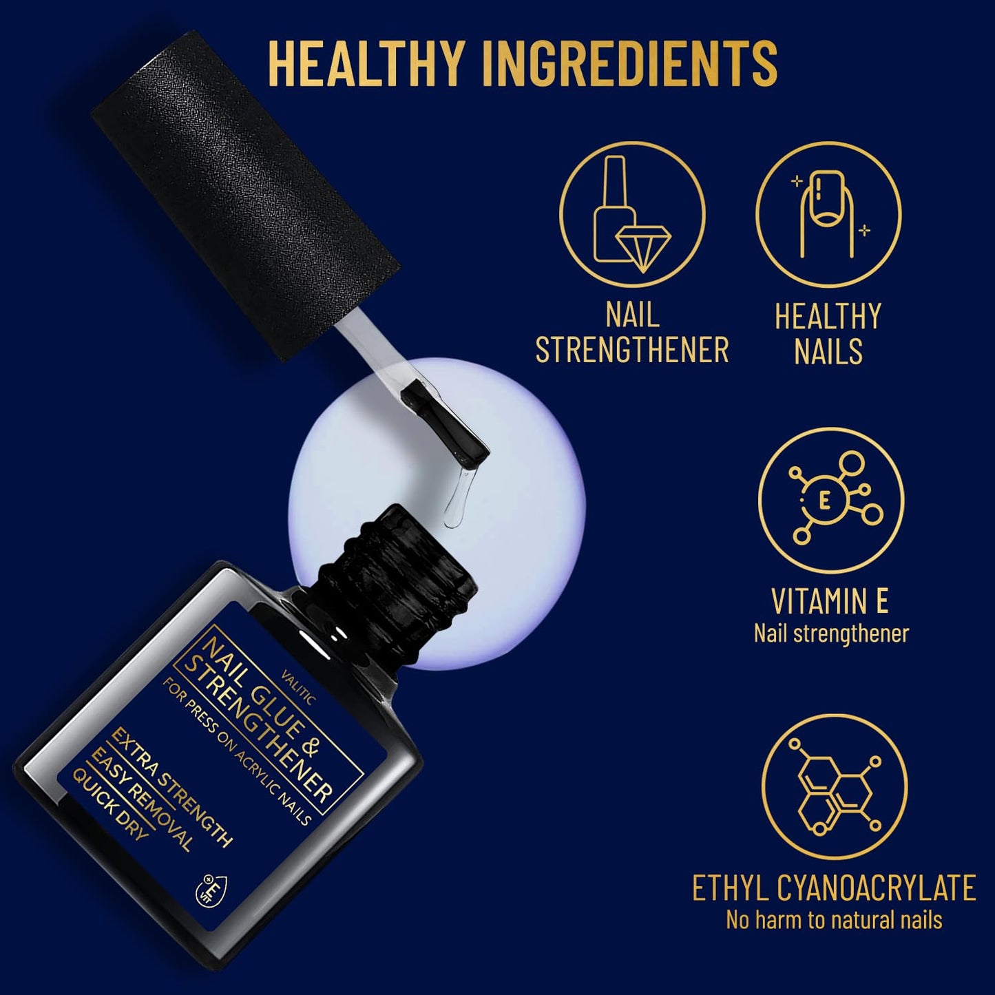 Valitic Strong Nail Glue and Strengthener for Acrylic and Press On Nails - Quick Dry Brush On Gel for Long Lasting Effect - Adhesive Nail Bond for False Nails with Tips Strengthener - 3 PACK