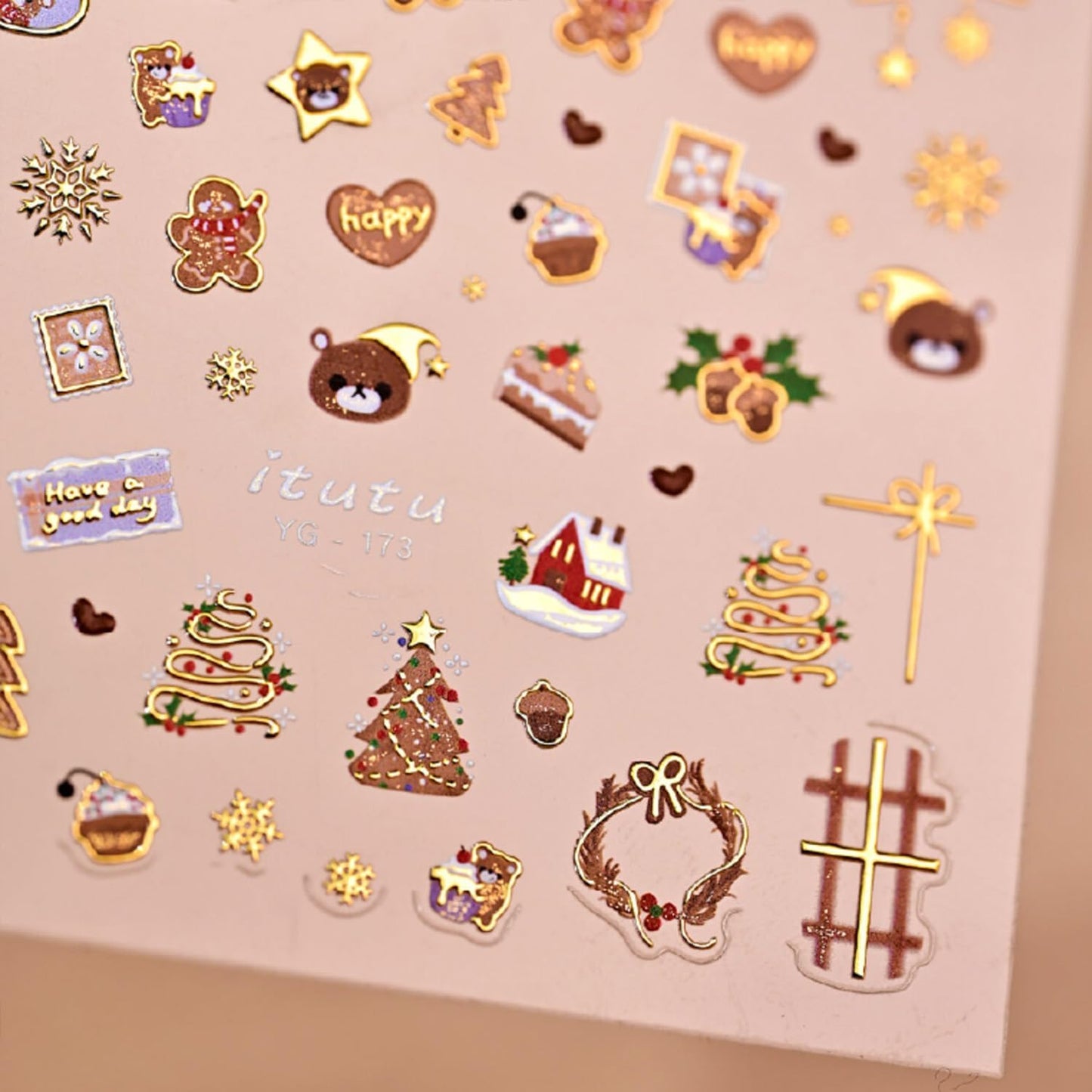 Christmas Nail Stickers for Nail Art Cute Bear Christmas Tree Wreath Glitter Gold Nail Art Stickers 5D Embossed Winter Nail Decals 3D Self-Adhesive Nails Supply Manicure Sliders for Nails Decoration