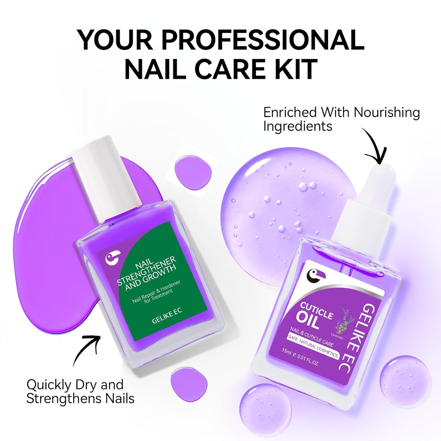 Gelike EC Nail Kit for Beginners: Purple Easy-Use nail polish strengthener & Lavender Oil for Thin Weak Nails - for Stress Relief - Repair Split Nails - Spa & Night Care Routine