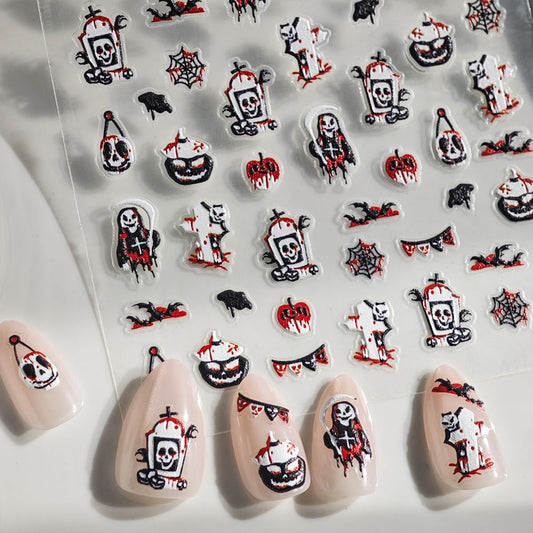 Halloween Nail Stickers Ghost Nail Art Decals with Black White Design 5D Self Adhesive Bat Nail Art Stickers Nails Charms Supply foe Women Girls Kid Horror Manicure Decoration