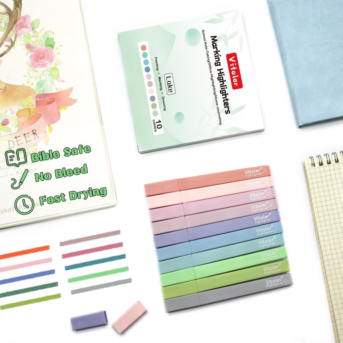 Vitoler Bible Highlighters with Soft Chisel Tip,10Pcs,Lake Colors,Aesthetic No Bleed Bible Highlighter Pastel,Cute Highlighters for School Office Supplies