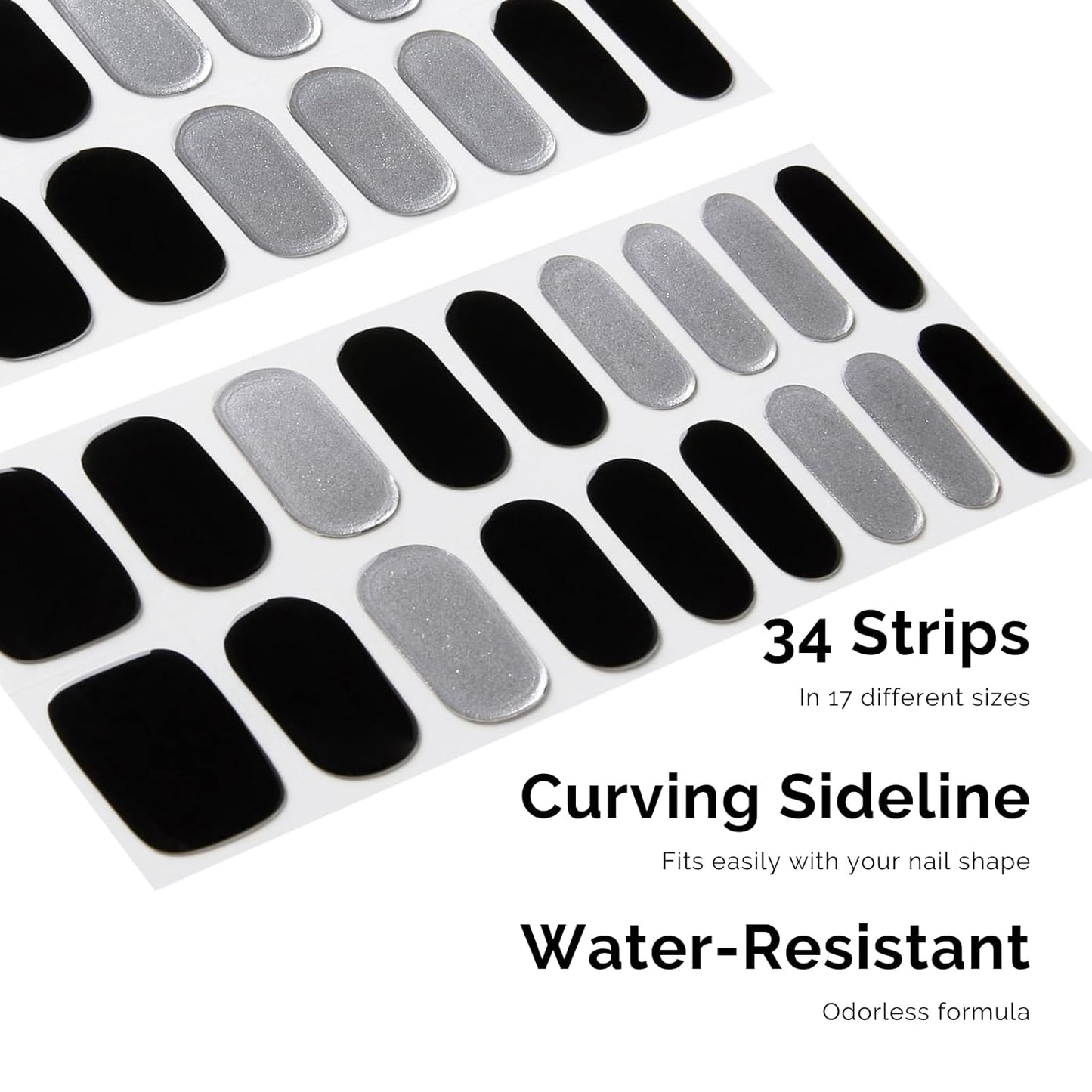 Semi Cured Gel Nail Strips - NAILOG 34 Pcs Silver Black Nail Stickers Extra Long Wraps with Glossy Gel Finishing for Autumn Winter, Reckless