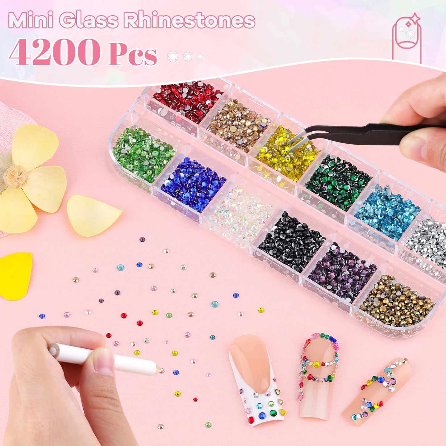 4200Pcs Glass Crystal Small Rhinestones for Nail Art with Nails Rhinestone Glue, Colourful SS3-SS8 Flatback Bedazzling Gems, Nail Rhinestones and Gems Crystals Charms for Acrylic Tips Manicure Decor