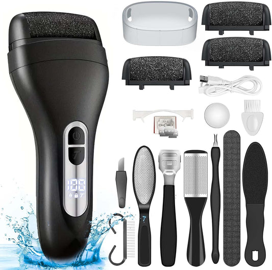 Electric Callus Remover for Feet - with Larger Grinding Head, Portable Pedicure Kit Foot File Callus Remover, Rechargeable Waterproof Foot File for Foot Care Deadskin Remover LCD Display-Black