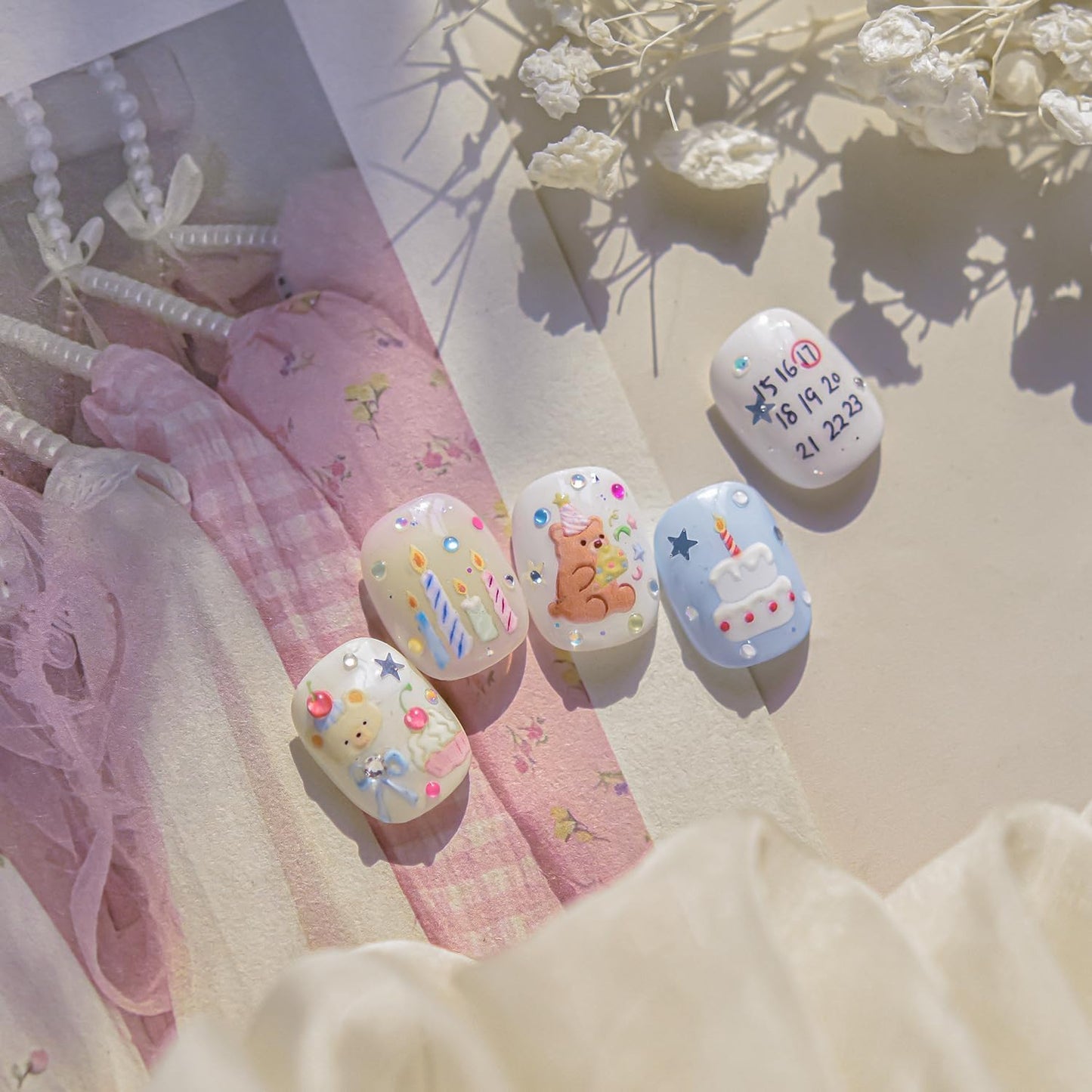 Cartoon Nail Stickers 3D Self-Adhesive Kawaii Animal Nail Supplies Cute Brown Bear Nail Decals 5D Embossed Birthday Party Candle Cake Nails Designs for Women Manicure DIY Nail Art Decorations