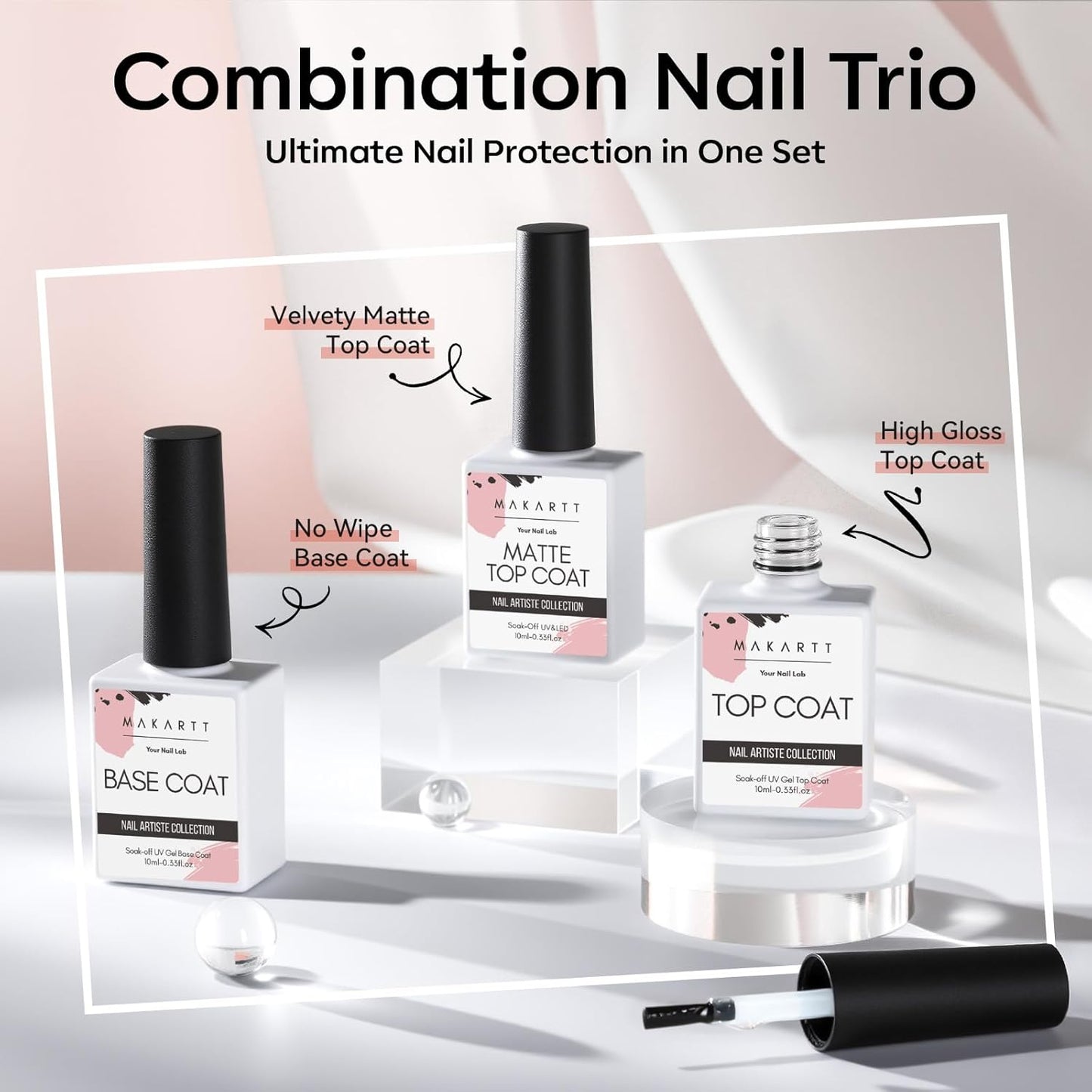 Makartt No Wipe Gel Top and Base Coat Set – Matte & Glossy Finish, 3pcs Soak-Off Long Lasting Gel Nail Polish Essentials, No Yellowing, UV/LED Lamp Required, DIY Nail Art Gift for Women, 10ml