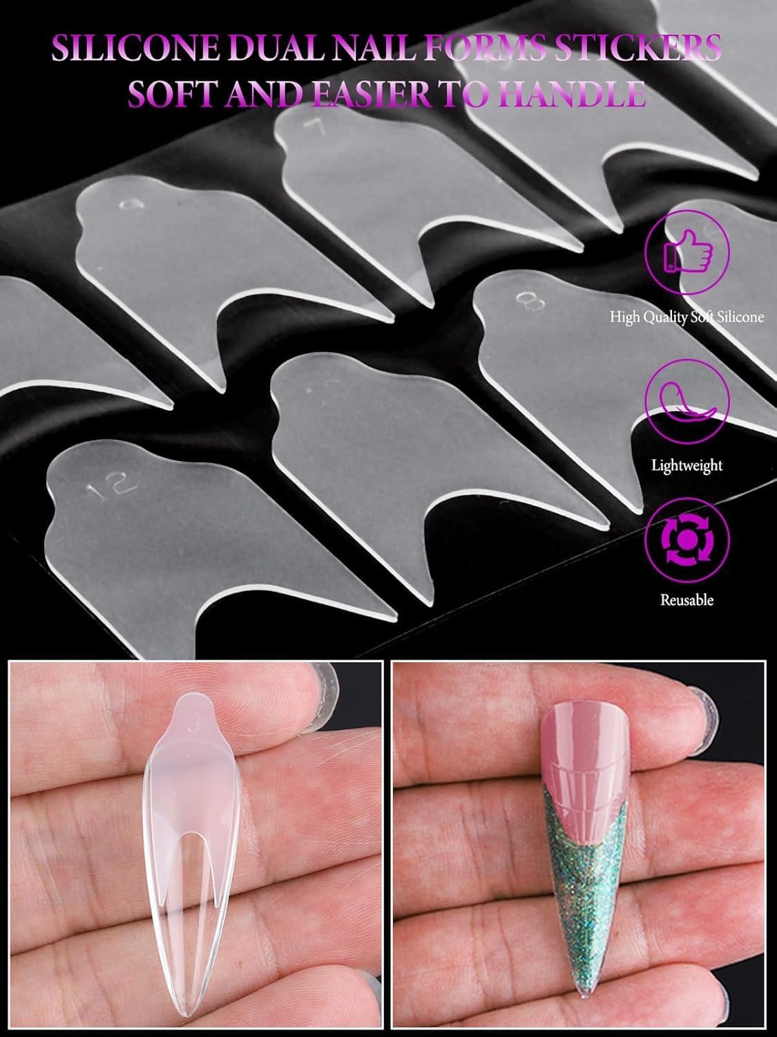 EBANKU 144PCS French Nail Forms Stickers Reusable Silicone Tip Stickers for Dual Nail Forms, Soft Manicure Stencil for Poly Gel Nail Mold